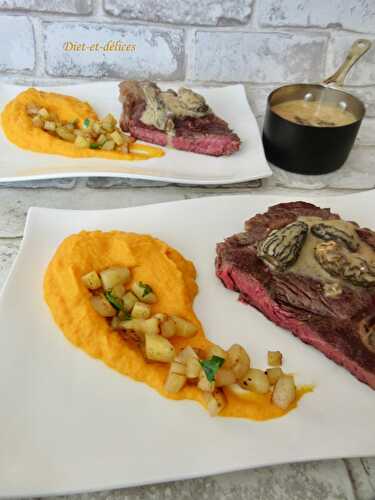 Faux filet de boeuf normand maturé, sauce aux morilles, purée et dés de carottes