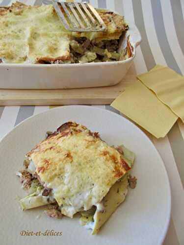 Lasagnes au fenouil, champignons bruns et thon