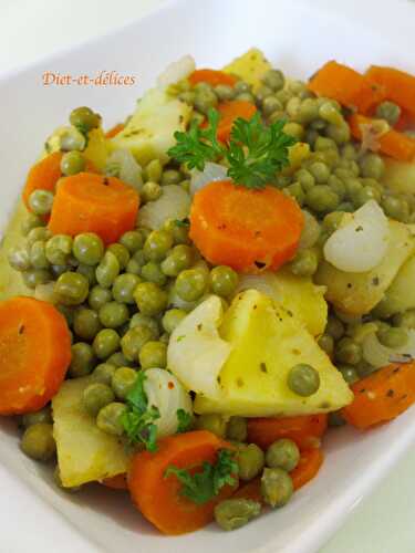 Poêlée de légumes (petits pois, carottes, fonds d’artichauts) et pommes de terre