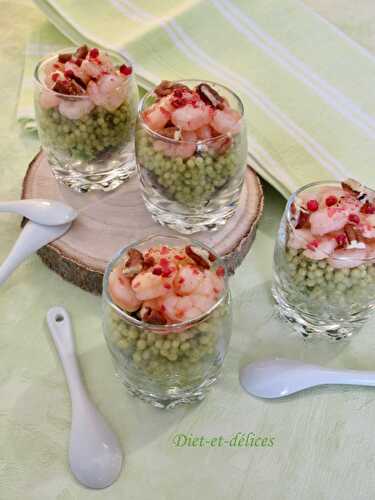 Verrines de pâtes au pesto et petites crevettes