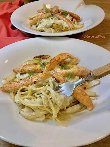 Spaghetti au saumon, fenouil poêlé et sauce crémeuse au citron