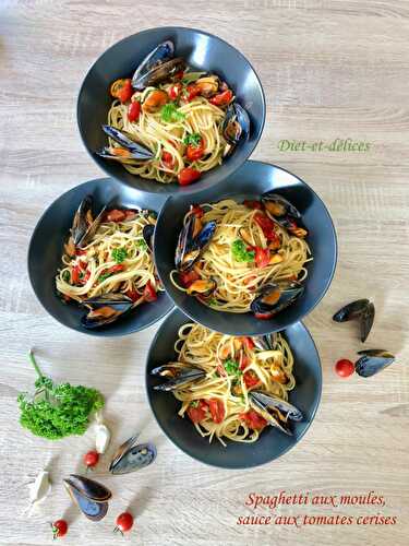 Spaghetti aux moules, sauce aux tomates cerises