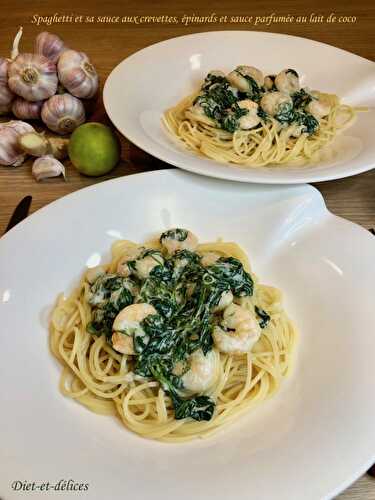 Spaghetti et sa sauce aux crevettes, épinards et sauce parfumée au lait de coco