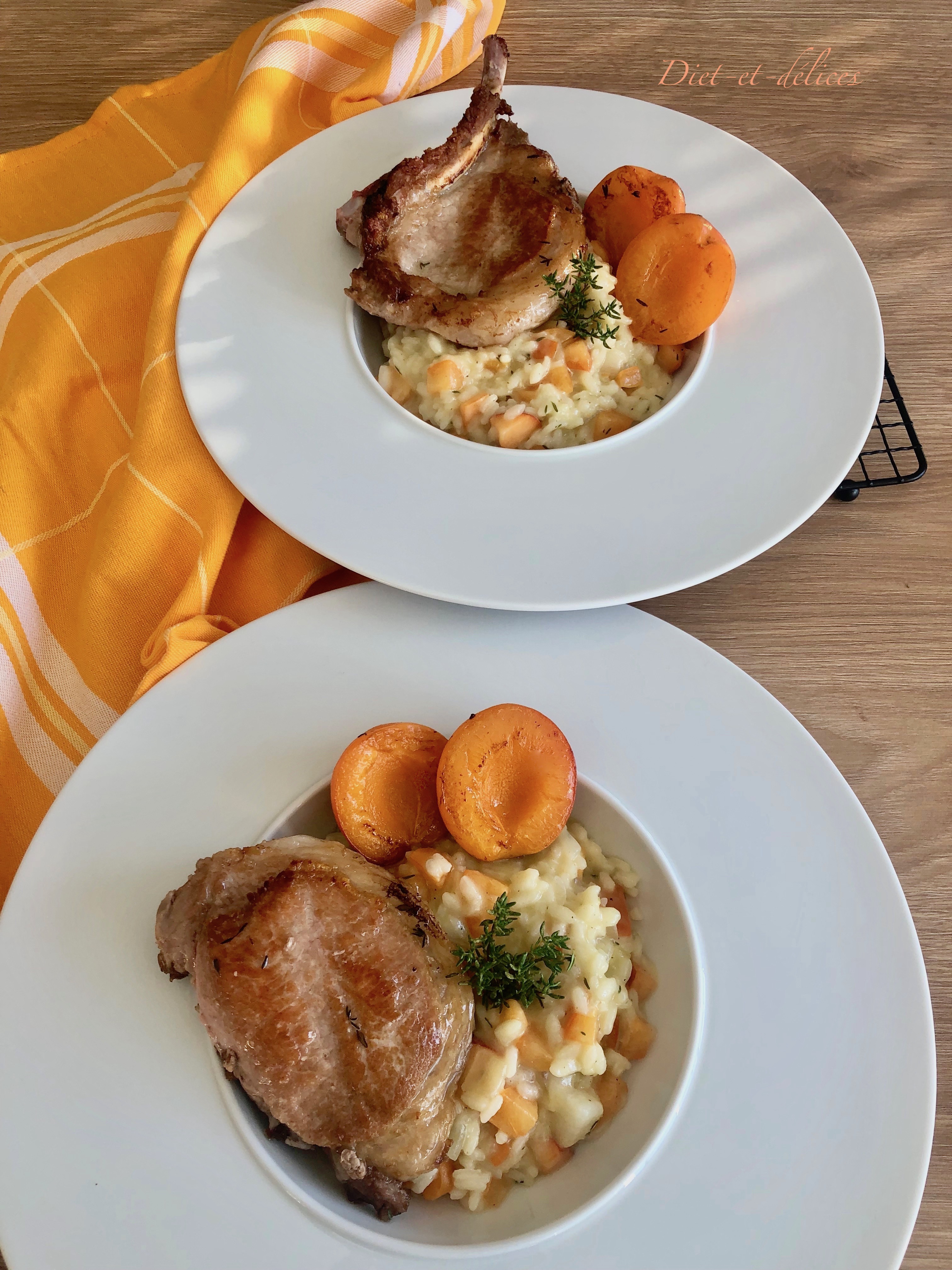 Côtes de porc ibérique rôties et son risotto à l’abricot et au thym