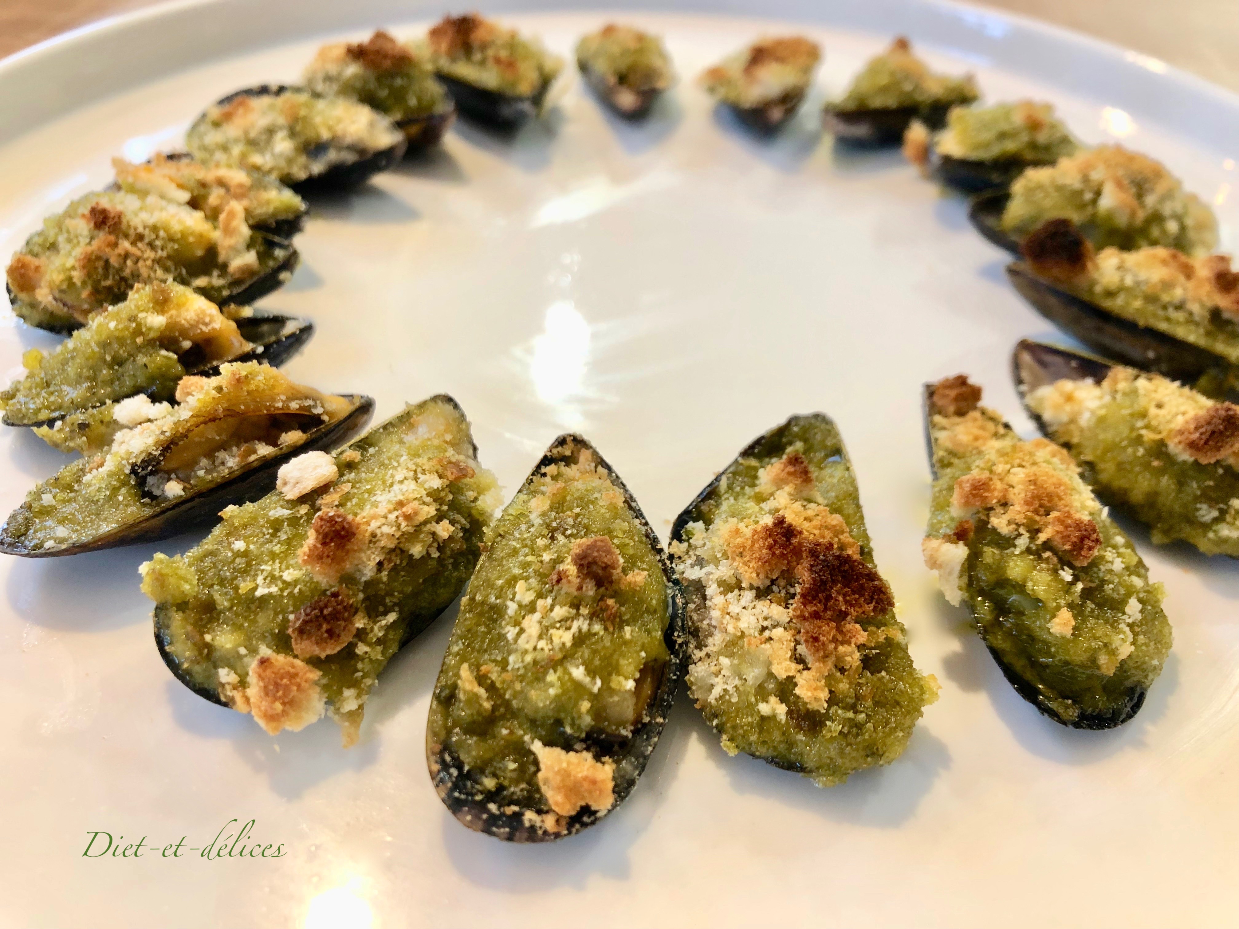 Moules gratinées au pesto