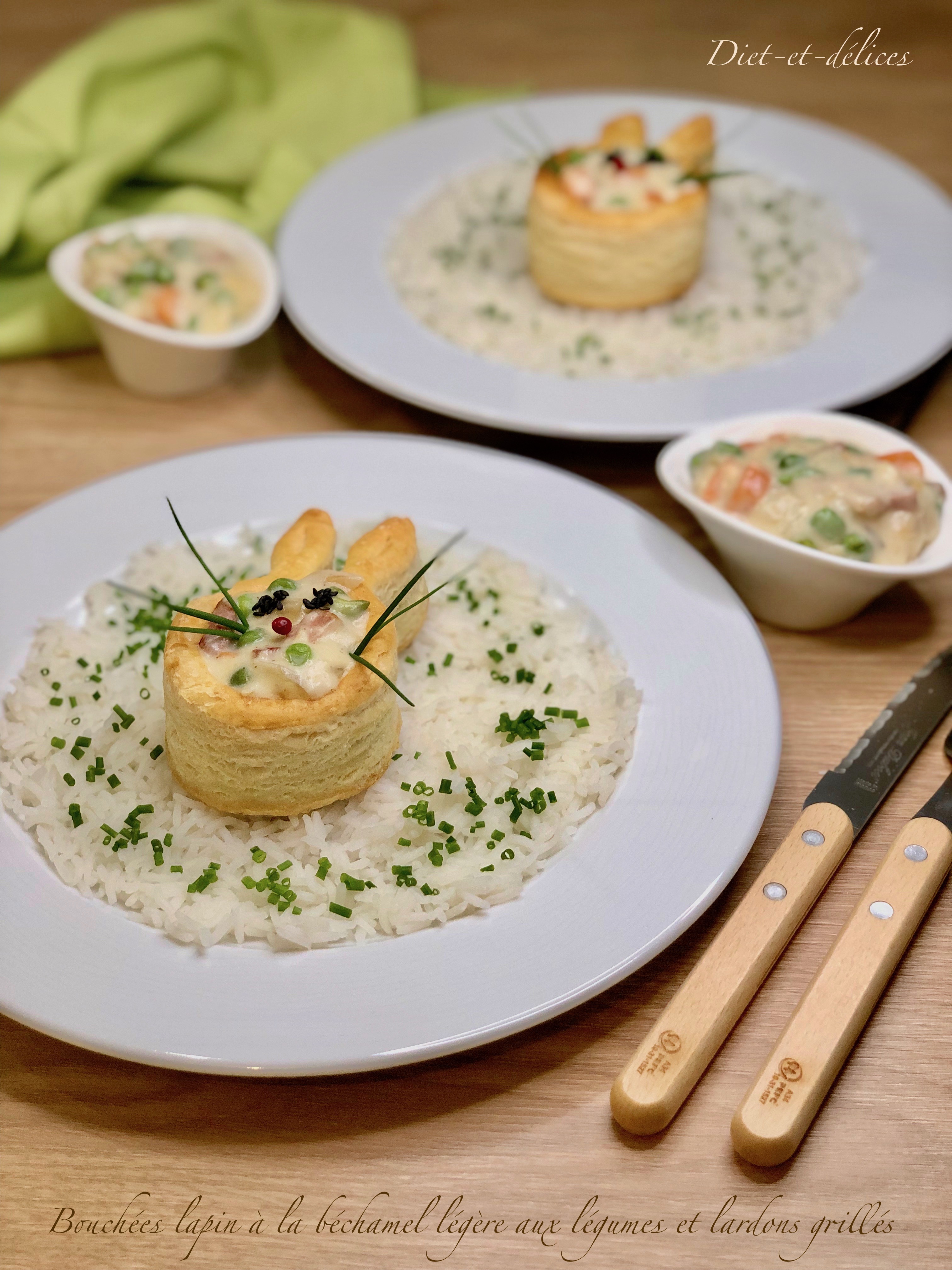 Bouchées lapin à la béchamel légère aux légumes et lardons grillés