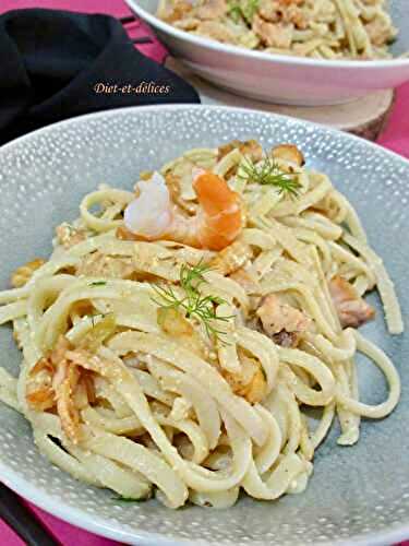 Linguine façon carbonara au saumon et aux crevettes