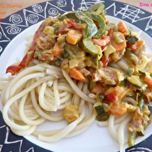 Des Spaghettis au Chorizo et Petits Légumes