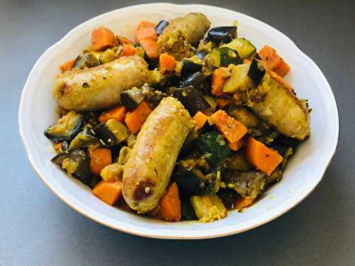 Saucisses de campagne et Tajine de courgettes et d'aubergines