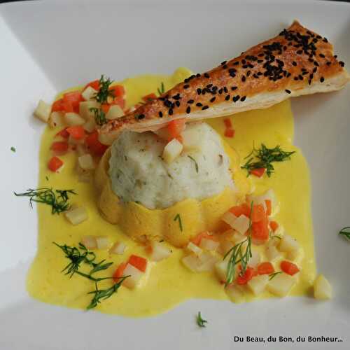 Mousseline de poisson et légumes de saison, crème safranée
