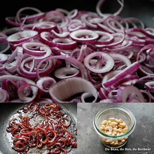 Pennes aux oignons rouges caramélisés et gorgonzola