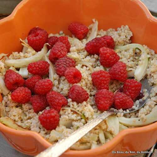 Taboulé boulghour-fenouil-framboises et salades carottes-oranges-tomates