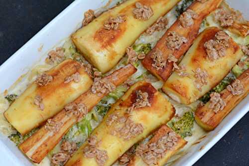 Gratin de panais caramélisés et de brocoli à la crème