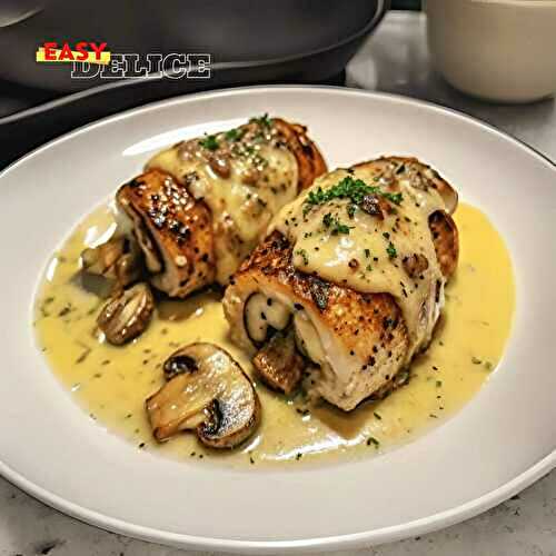 Poulet Farci au Fromage et aux Champignons avec Sauce au Beurre à l’Ail