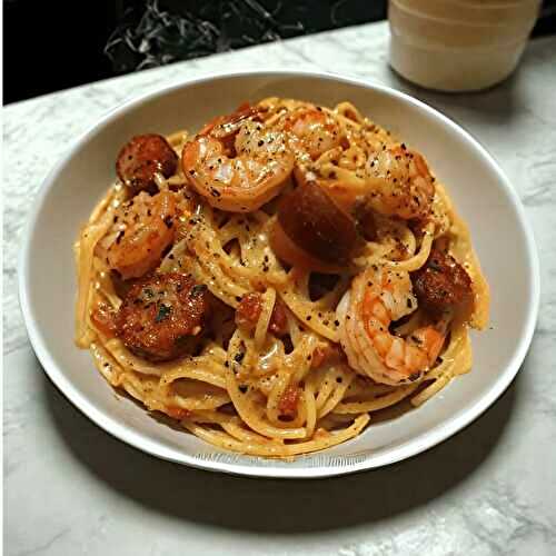 Spaghetti à la Crème de Poivron, Chorizo et Crevettes