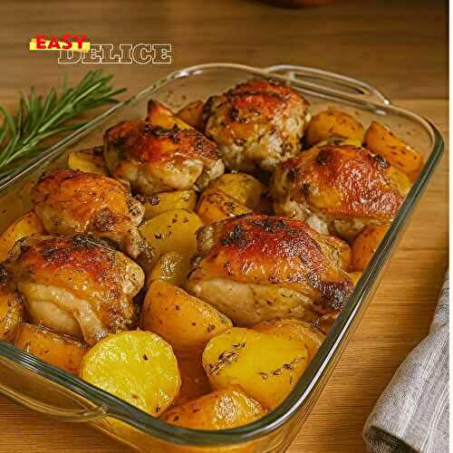 Cuisses de poulet au four & pommes de terre rôties à l’ail
