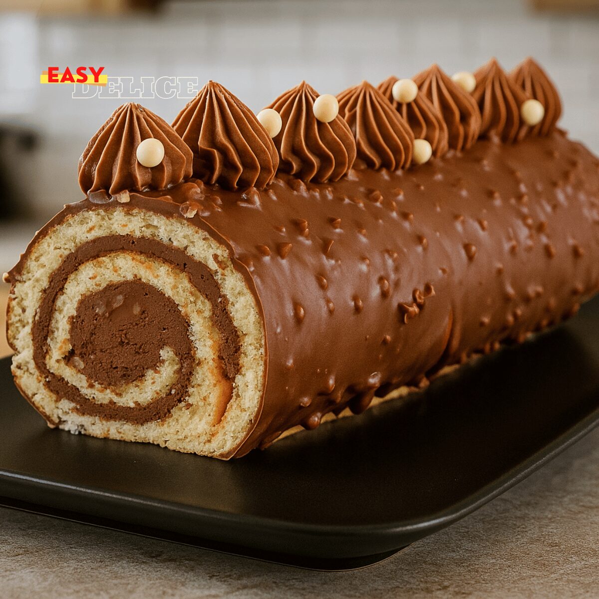 BÛCHE ROULÉE AU CHOCOLAT – FACILE À FAIRE & GLAÇAGE ROCHER