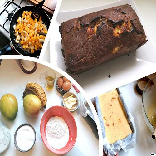 CAKE MANGUE/BANANE CARAMÉLISÉE AU BEURRE ET AU SUCRE.