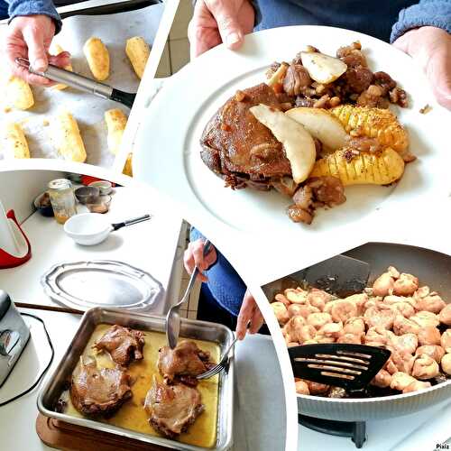 Confit de canard - poêlée de châtaignes, poires, PdT Hasselback