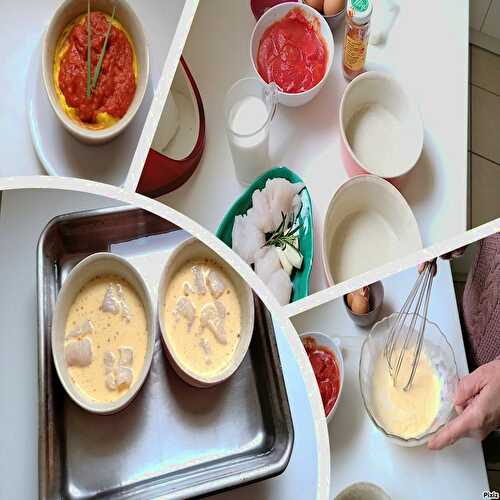 Flan de merlu coulis de tomate au piment d'Espelette au bain-marie.