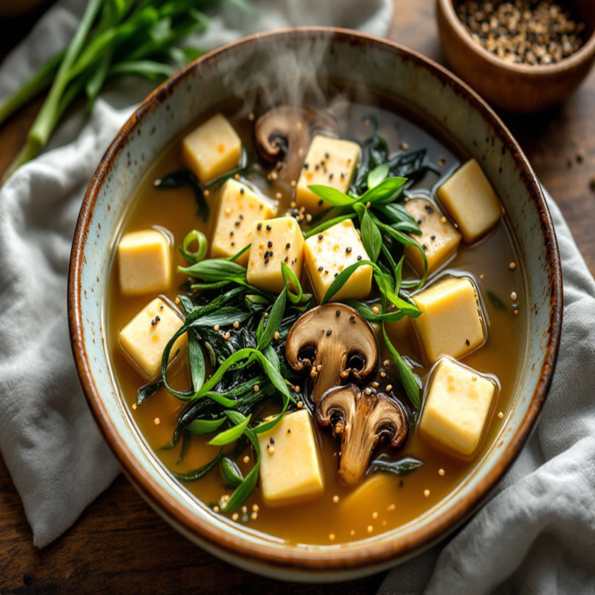 Bouillon miso aux champignons et algues wakamé