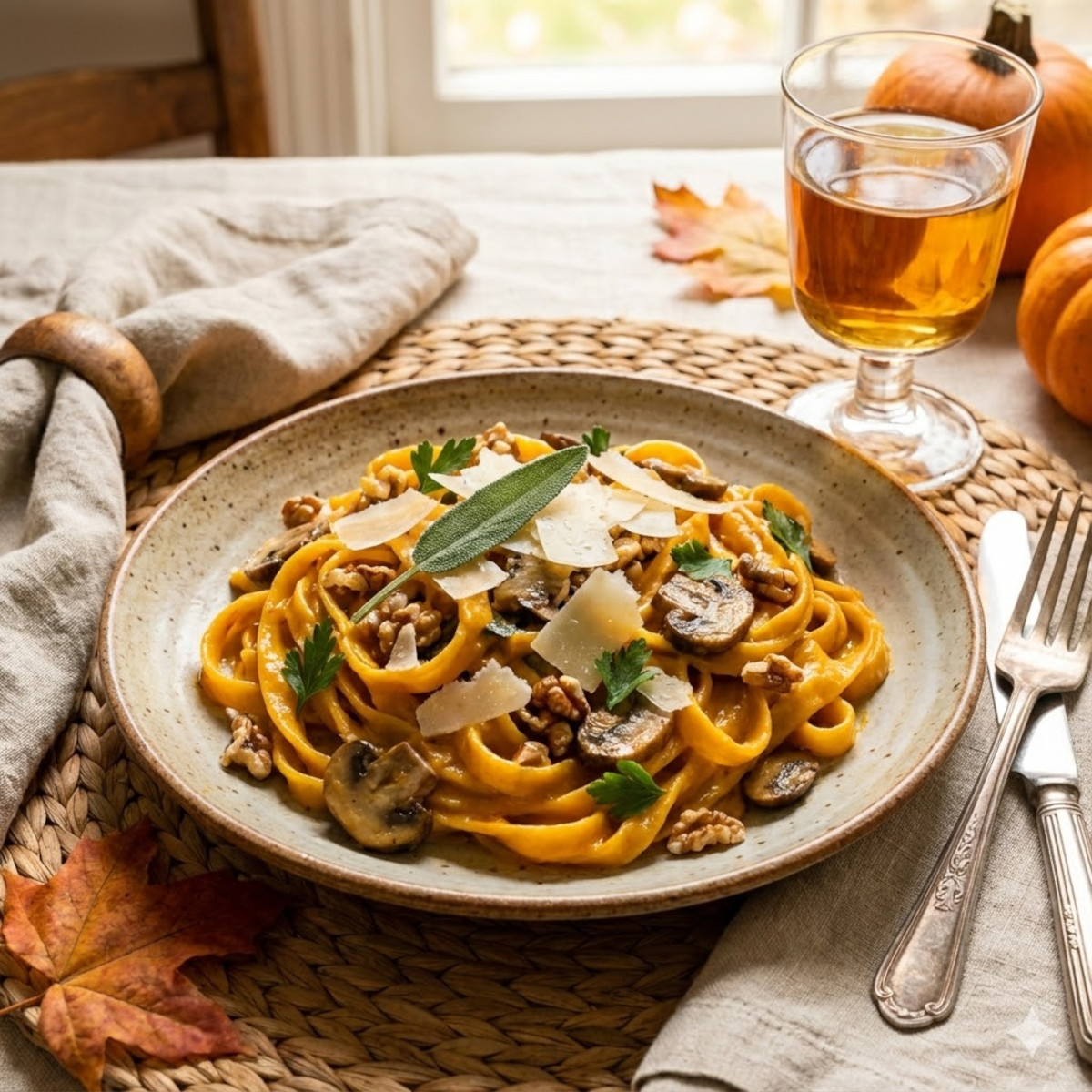 Pâtes crémeuses au potimarron, champignons et noix en 30 min