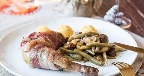 Pintade au lard accompagnés d'haricots châtaignes aux pommes et épices