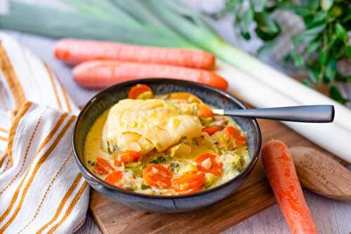 Soupe de poisson au safran, poireaux de Normandie et carottes de la baie du Mont Saint Michel
