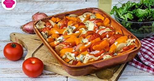 Gratin de patates douces, potimarron, tomates au bleu d'Auvergne