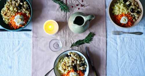 Assiette complète : millet, poêlée céleri-olives, carottes râpées sauce cajou citron (sans gluten, vegan, automnal)