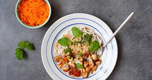 Assiette complète : nouilles de riz, poulet, menthe + petite salade de carottes râpées (glutenfree, lactosefree)