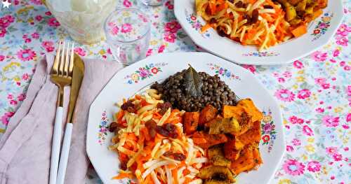 Assiette composée : salade carottes-panais, courge rôtie, lentilles (amap, vegan, sans gluten)