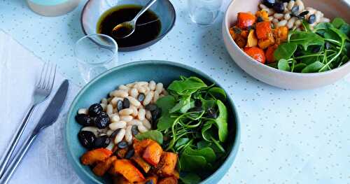 Assiette végétale : haricots blancs, courge rôtie, pourpier (amap, vegan, sans gluten)