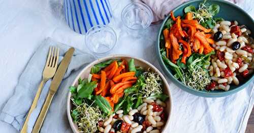 Assiette végétale : mâche, carottes rôties, haricots blancs (amap, sans gluten, vegan)