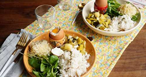 Assiette veggie complète : poireaux, riz, choucroute, oeuf (amap, sans gluten, Alsace)