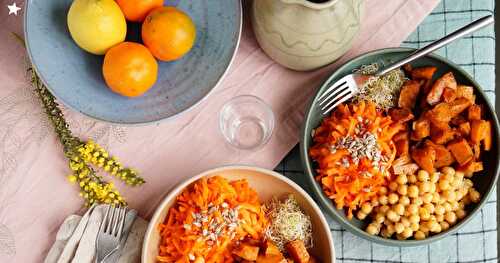 Assiettes végétales agrumes et compagnie : pois chiches-citron, carottes-mandarine et patates douces ras-el-hanout (vegan, sans gluten, amap)