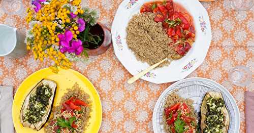 Aubergines au four, pesto basilic feta, quinoa et tomates (veggie, sans gluten, amap, estival)