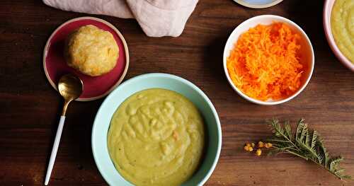 Autour de la carotte et de la coco : petits pains vapeur carotte-coco, velouté pois cassés carottes coco, carottes râpées (vegan, sans gluten)