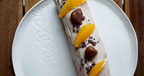 Bûche marron, chocolat blanc, huile essentielle d'orange (dessert, Noël)