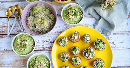 Champignons farcis au brocolis et à la feta, petits veloutés de brocolis (sans gluten,veggie, printanier)