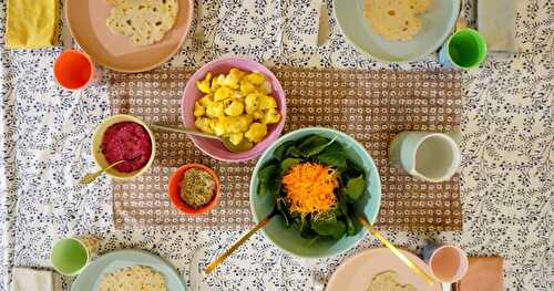 Chapati (crêpes indiennes), tartinade betterave-noisette, chou fleur rôti...(veggie)