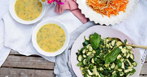 Courgette-basilic, salade carottes-chou rave et velouté de lentilles corail aux fanes de carottes (vegan, sans gluten)