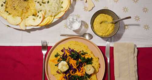 Crêpes à la farine de pois-chiche (socca) aux légumes de saison et petite sauce sésame-mangue (automnal,vegan, glutenfree)