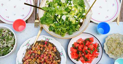 Déjeuner au jardin : salades lentilles-rhubarbe, verte, pastèque-menthe, taboulé aux herbes (vegan, sans gluten)