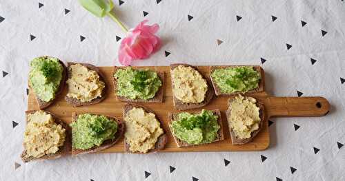 Deux chouettes tartinades : petits pois, feta, herbes et houmous