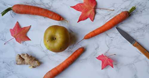 Dîner végétal complet autour de la carotte : purée carotte-pomme-gingembre, tartine houmous de haricots blancs, carottes et chou marinés (vegan)