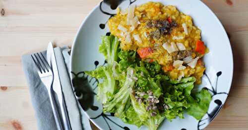 Dîner végétal complet : risotto au potimarron, salade verte (veggie, sans gluten)
