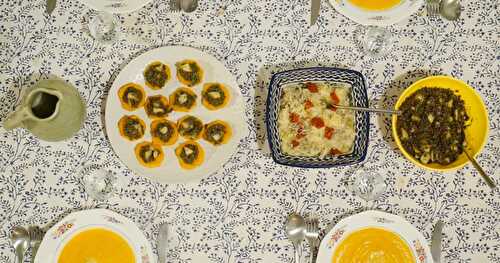 Dîner végétal complet : soupe de butternut, toasts butternut-lentilles-poires-aneth, salade de choucroute crue (vegan, sans gluten, automnal)