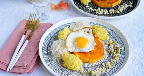 En mode retour de l'AMAP : assiette veggie : toast de butternut rôti, oeuf, radis daikon, riz (veggie, sans gluten, sans lactose)