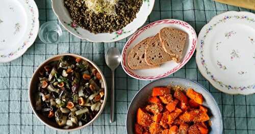 En mode retour de l'AMAP : potimarron-gomasio, blettes-figues-olives, salade de lentilles (vegan, amap)